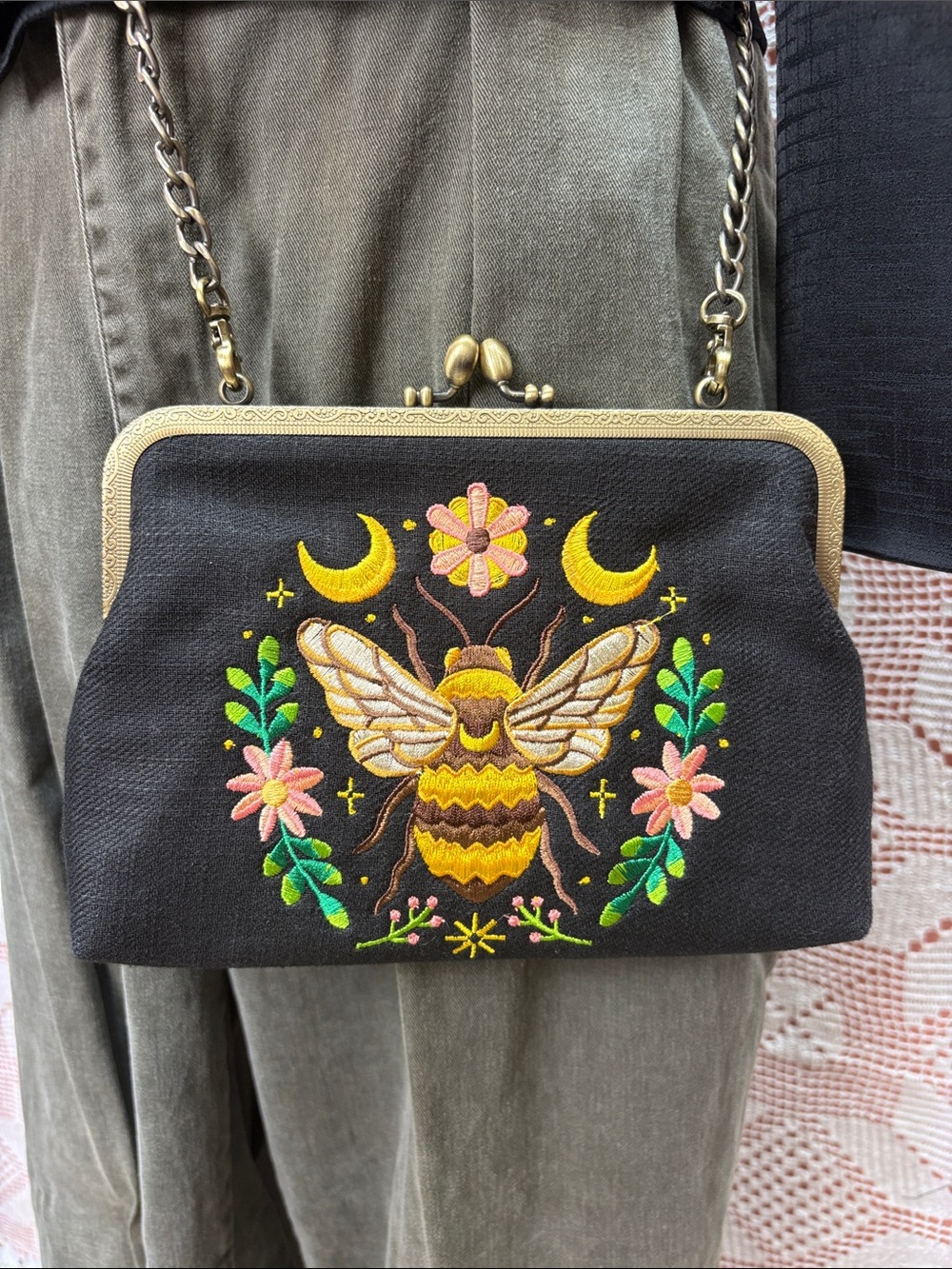 Embroidered Bee & Moon Frame Crossbody Purse